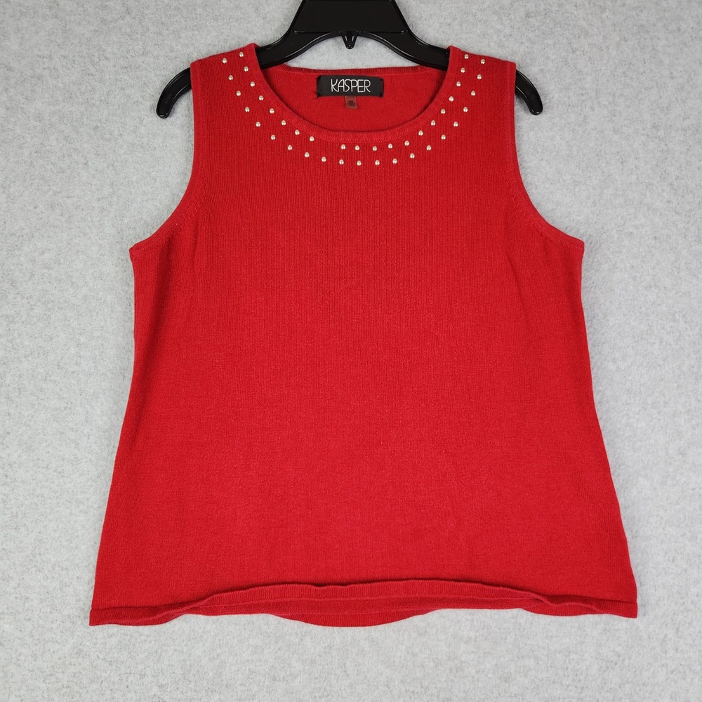 Kasper Sleeveless Sweater Womens PM Red Studded Neckline Knit Shell Top 2119